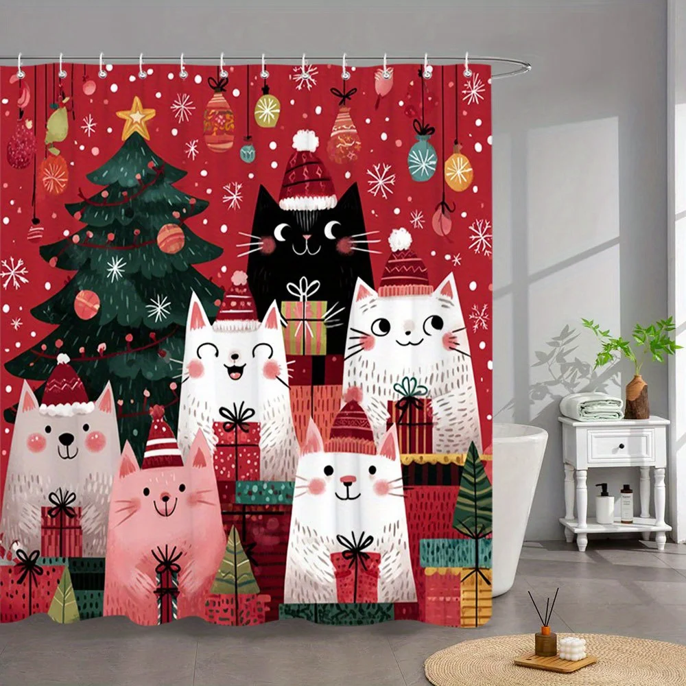 1pc Christmas Cats Shower Curtain Cute Cat Family with Presents and Christmas Tree Fun Holiday Bathroom Decor Bath Partition Han