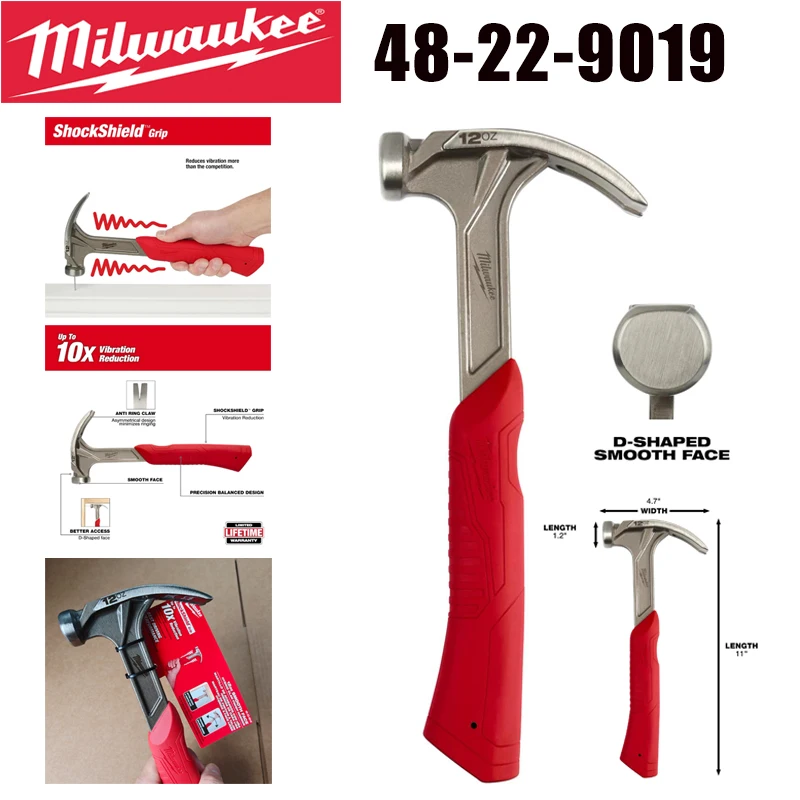 Milwaukee 48-22-9019 12oz Smooth Face Hybrid Claw Finish Hammer For General Purpose Framing & Finish Work