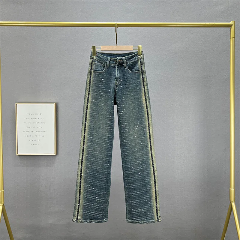 

Women's Denim Pants Diamond Rhinestone Loose Straight Full Length Washed Do Old Stretch Trousers 2025 Spring Autumn New Fashion