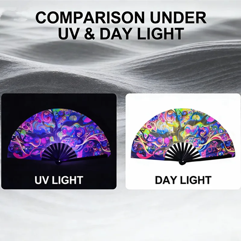 Large Folding Hand Fan Bling Bling Hand Rave Fan Rainbow Print Bamboo Oxford Cloth Festival Handheld Fan For Gift