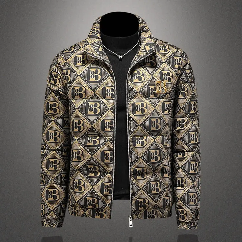 

2026 Winter Thiened Men's down Jaet Stand Collar Letter Print Slim Fit Warmth Anti-Cold Polyester Fiber 90% White Du down
