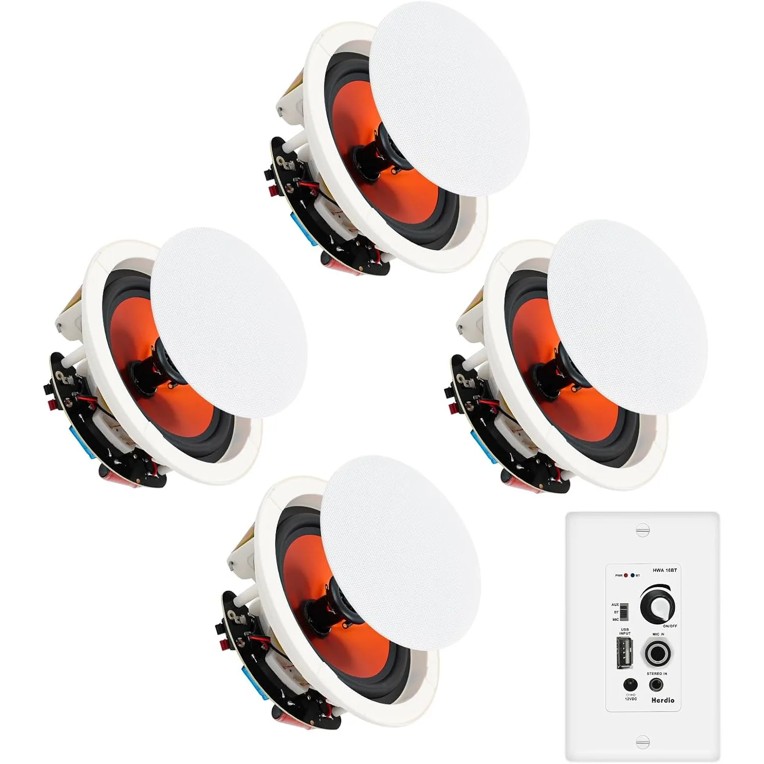 4-Inch 480W 2-Way Bluetooth Ceiling Speaker System with Wall Amplifier Receiver, Flush Mount In-Ceiling Speakers for Home Theater and Office, 2 Pairs, Paintable Grille
