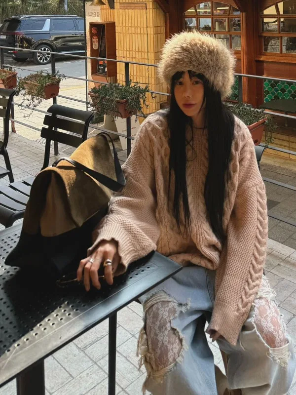 Maglione lavorato a maglia oversize allentato Felpa con cappuccio di media lunghezza da donna ey Autunno Inverno New Sle Coreano Sle Thiened Casual Faion