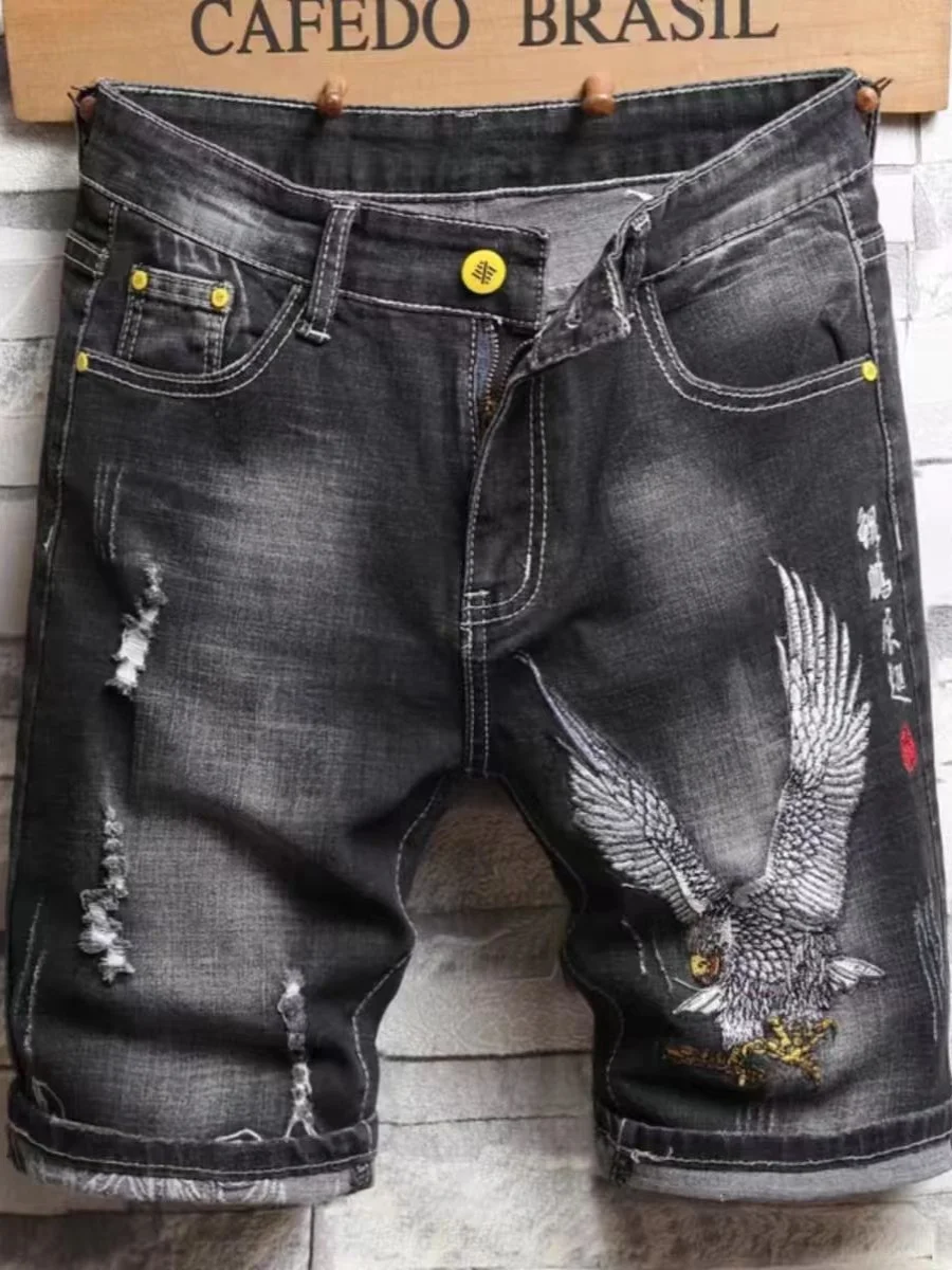 

Мужские модные джинсы с вышивкой и рваными элементами, летние, новые, эластичные, облегающие, повседневные, средней посадки, черные