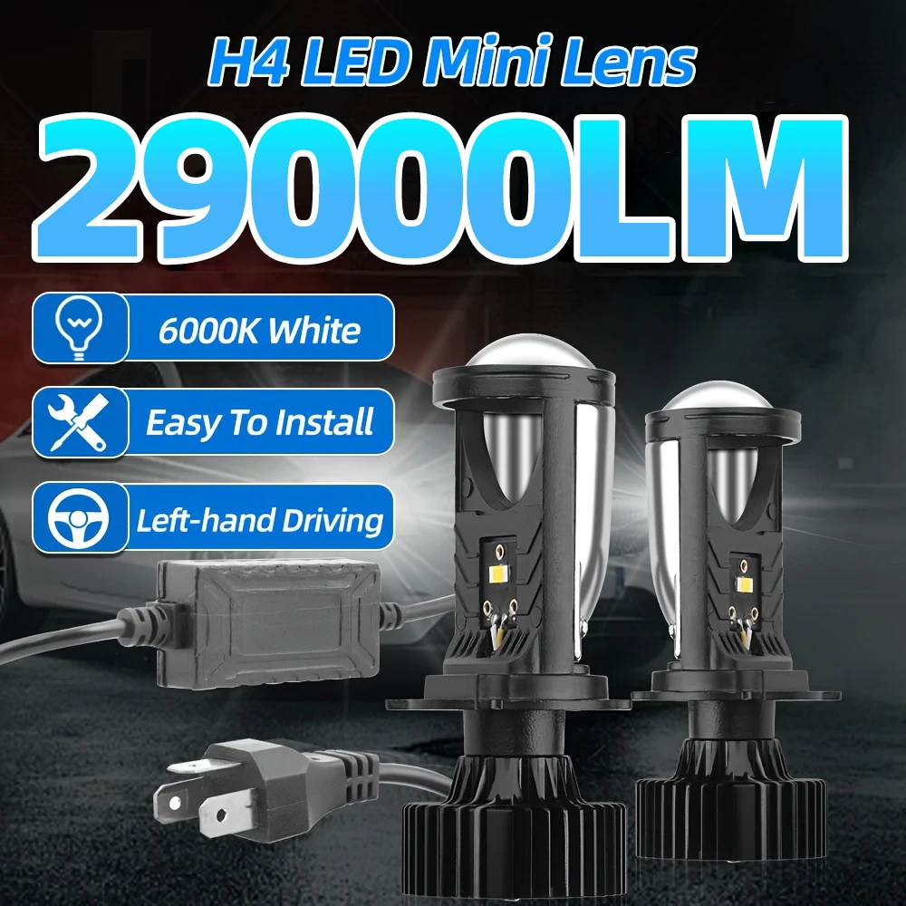 2pcs Mini Lens H4 High Low Beam LED Mini Projector Lens 29000LM Perfect Cutting Beam Pattern Left-Hand Driving Easy To Install