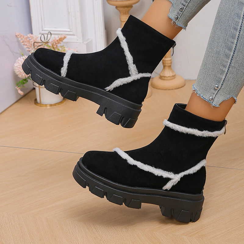 Chunky Platform ข้อเท้าสตรีรองเท้าขนาดใหญ่ลื่นฤดูหนาวโมเดิร์นรองเท้าใหม่สีดําสีขาวซิปด้านหลังรองเท้าส้นสูง Booties