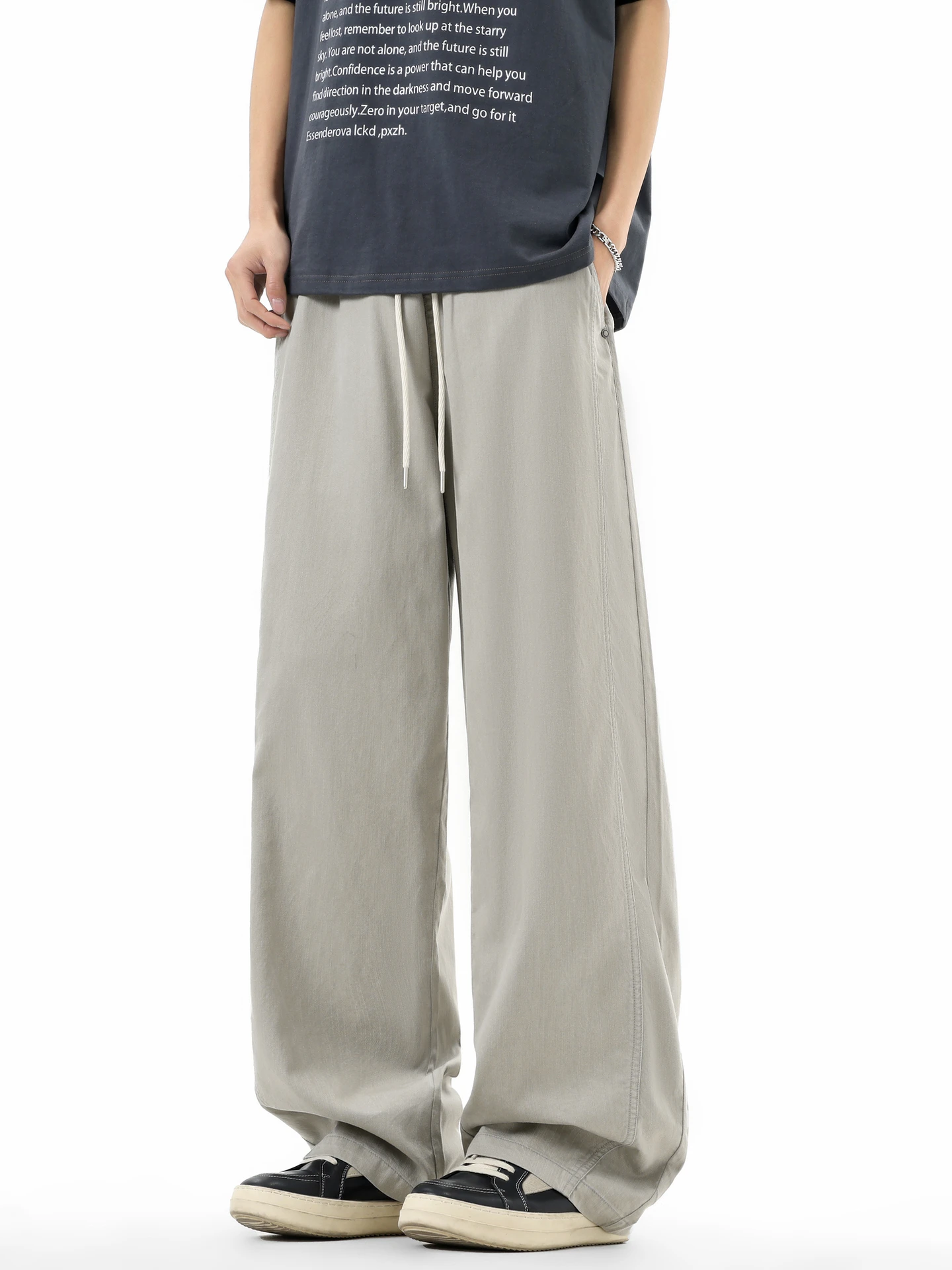 

Trendy American Pure Color Dstring Elastic Work Pants Men's Vintage Street Loose Wide Leg Casual Long Trousers