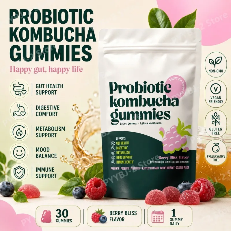 Gomitas Probióticas de Kombucha que Favorecen la Salud Digestiva, Mejoran la Inmunidad y el Estado de Ánimo — con Corteza de Olmo Escamoso y Raíz de Diente de León, 30 Unidades