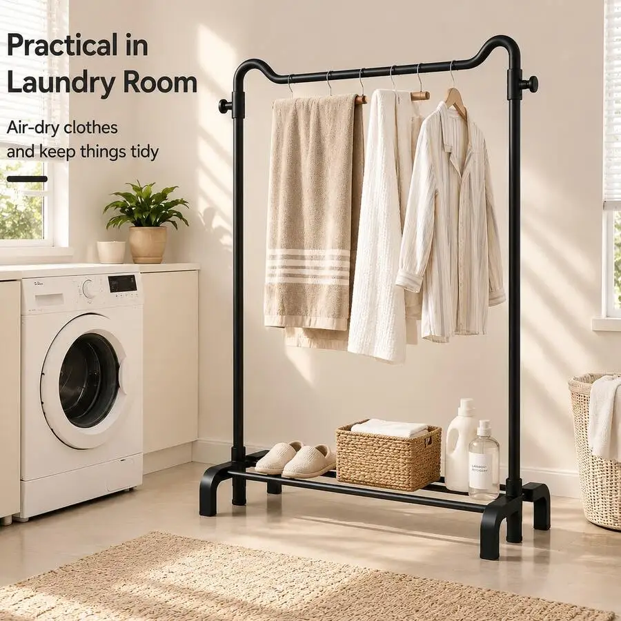 Freestanding Carbon Steel Garment Rack With Double Side Hooks And 2 Bottom Storage Bars, U-Shaped Base, Clothing Rack And Clothe
