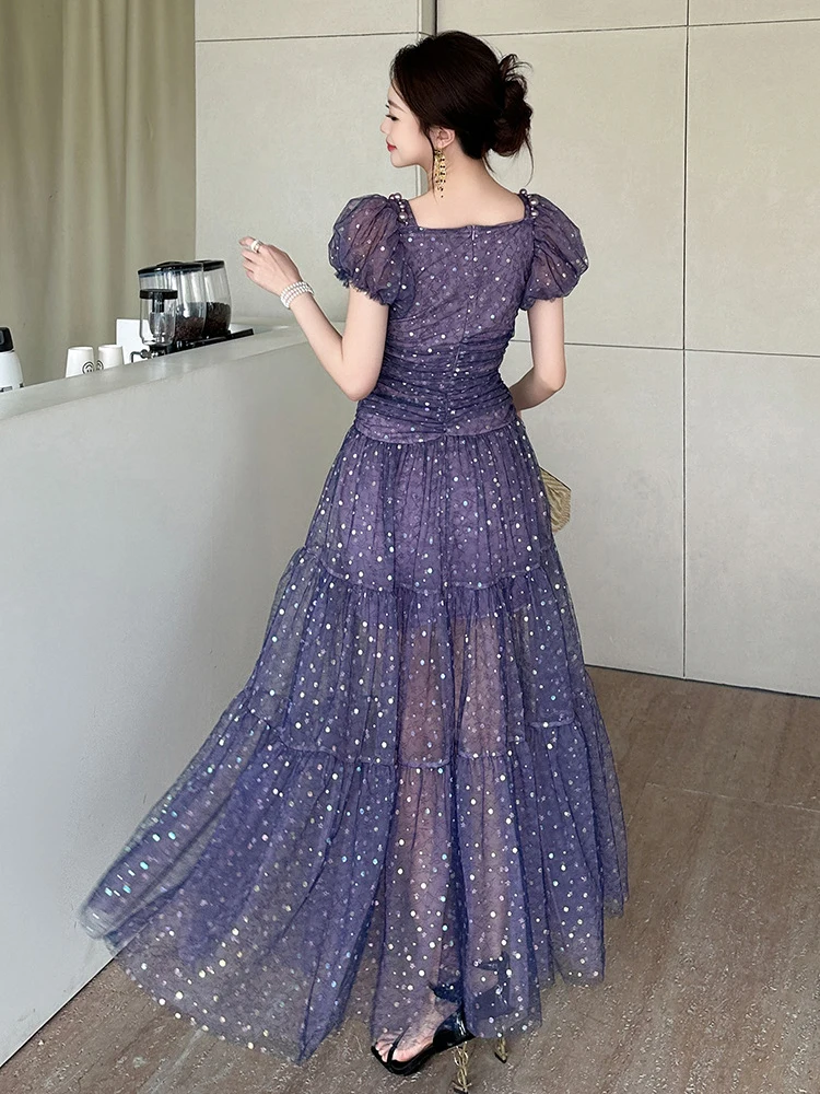 French Romance Purple Mesh Vacation Evening Dress Women Clothes Sheer Sexy Puff Sleeve Skinny Party Club Prom Maxi Robe Vestidos