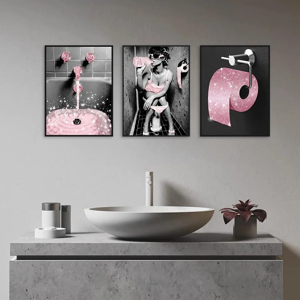 Pink Fashion Women's Gorgeous Sparkling Fun Bathroom Posters Prints Canvas Painting Wall Art Pictures for Living Room Home Decor