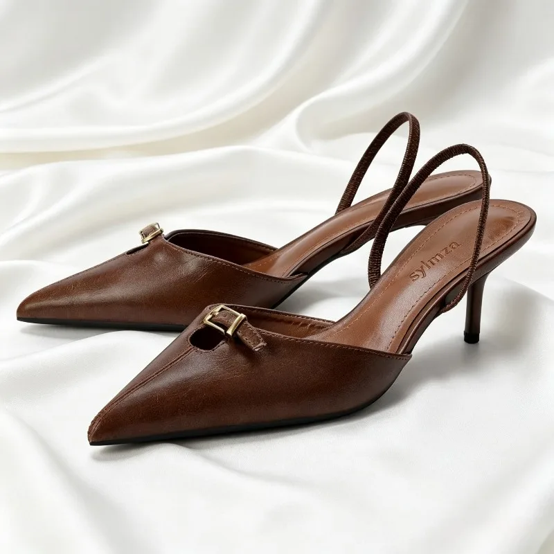 

Sexy Pointed Toe Slingback Black Heels for Women Fashion Metal Buckle Decoration Stiletto Sandals Elegant Banquet Dress Shoes