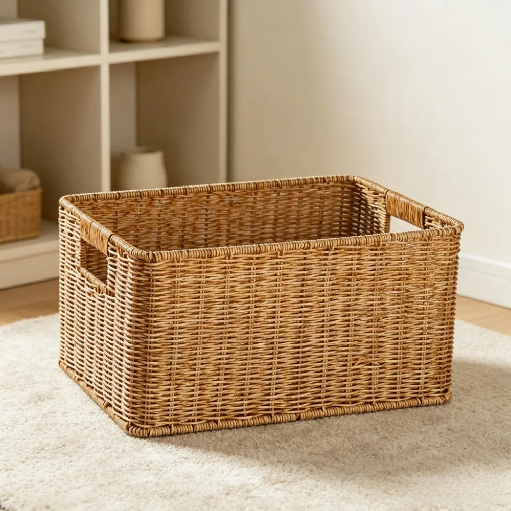 Woven Storage Basket Plastic Rattan Organizer for Bathroom Kitchen Drawer Countertop Home Sundries Storage Holder