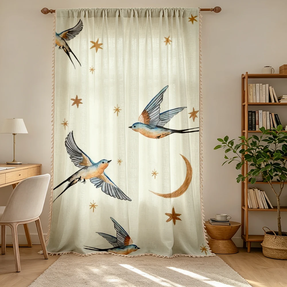 1PC Dreamy Tassel Sheer Curtains, Swallow Bird Moon Star Celestial, Digital Print, Polyester, Bedroom Living Room Home Decor