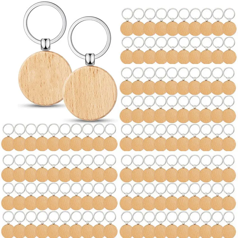 120Pcs Round Wooden Keychain ID Tags Blank Round Wooden Key Chain Diy Wood Keyring Key Tags Gifts