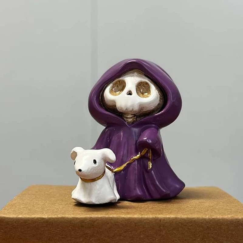 2025 New Wonderful Cute Grim Reaper Decor with Dog - Halloween Resin Ghost Figurine, Purple Cloak Death Statue for