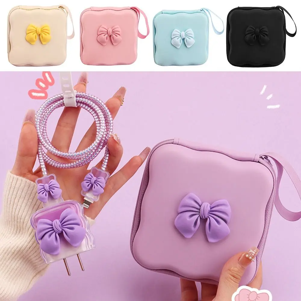 Fashion Bow Knot Cable Protector Bag PU Charger Protector Makeup Bag Portable Inner Lipstick Bag Travel