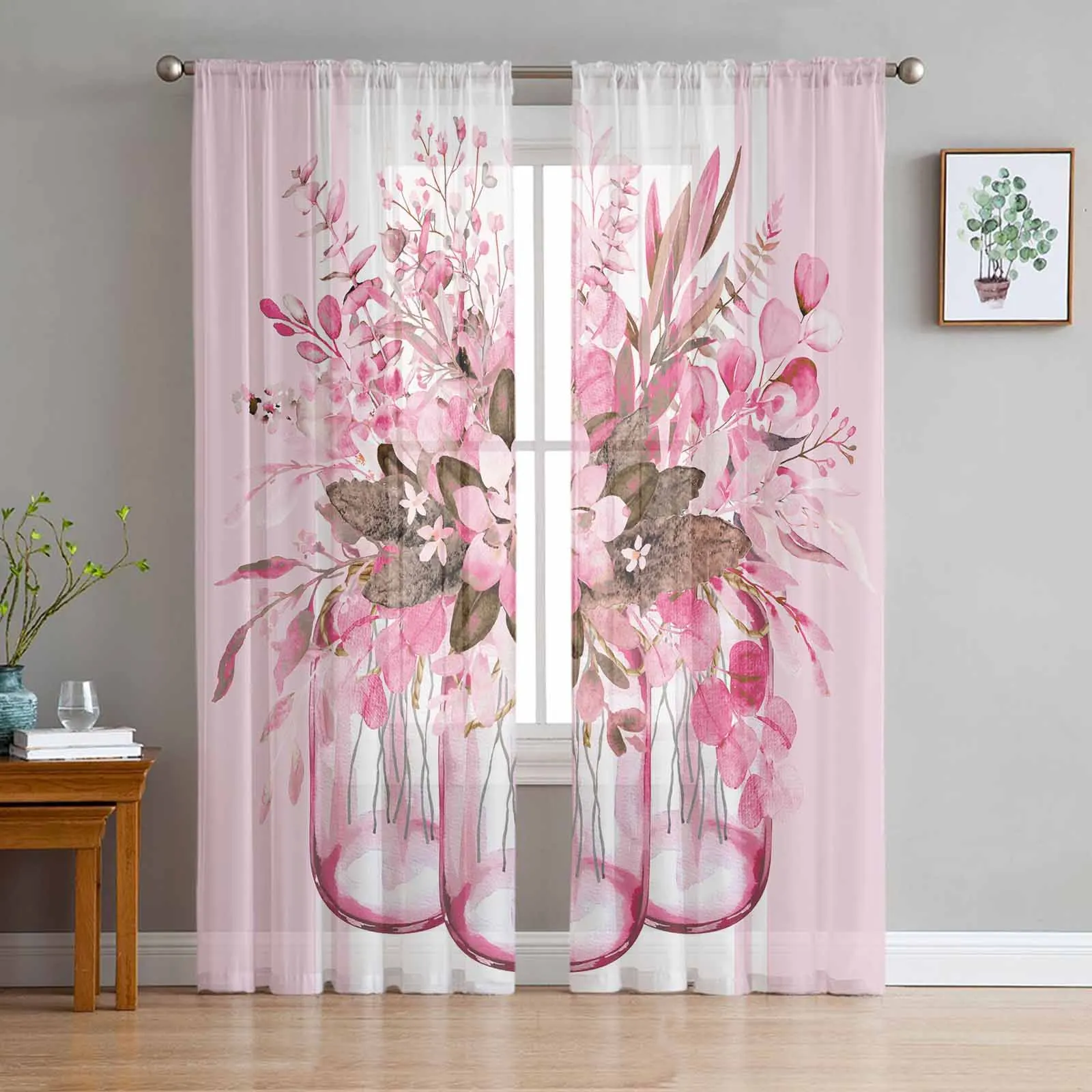 

Spring Eucalyptus Leaves Striped Pink Sheer Curtains for Kids Bedroom Living Room Voile Window Curtains Tulle Drapes