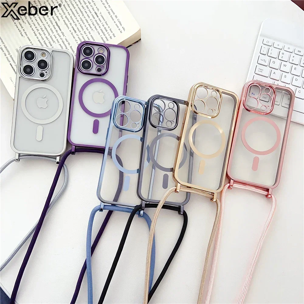 Luxury Crossboby Necklace Rope Lanyard Plating Magnetic Clear Case for IPhone 14 11 12 13 15 Pro Max Plus for Magsafe Soft Cover