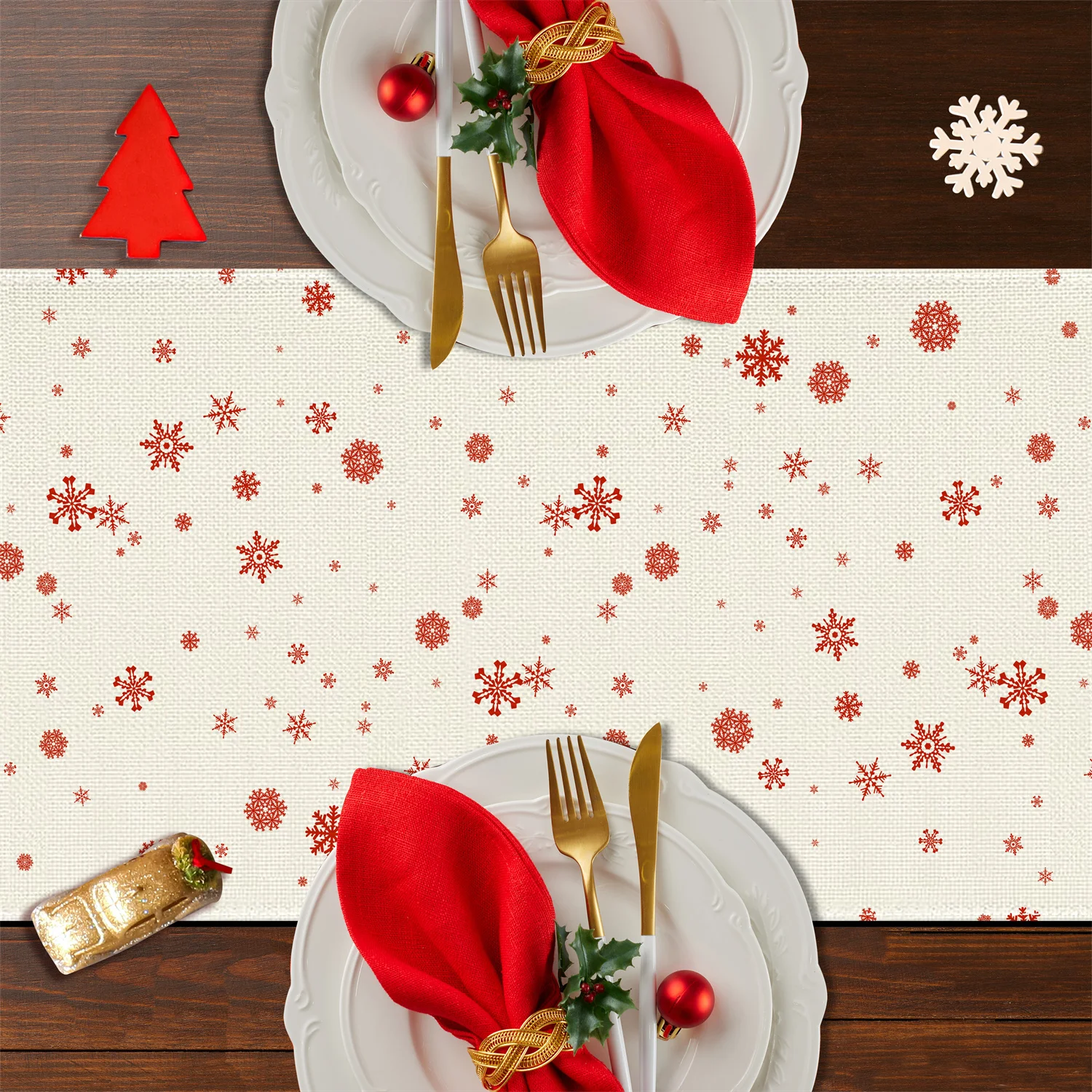 مفرش طاولة عيد الميلاد - مطبوع مسطح، يتميز ندفة الثلج، رجل الثلج، شجرة الثلج والصنوبر، مثالي لهدايا عيد الميلاد المجيد #4