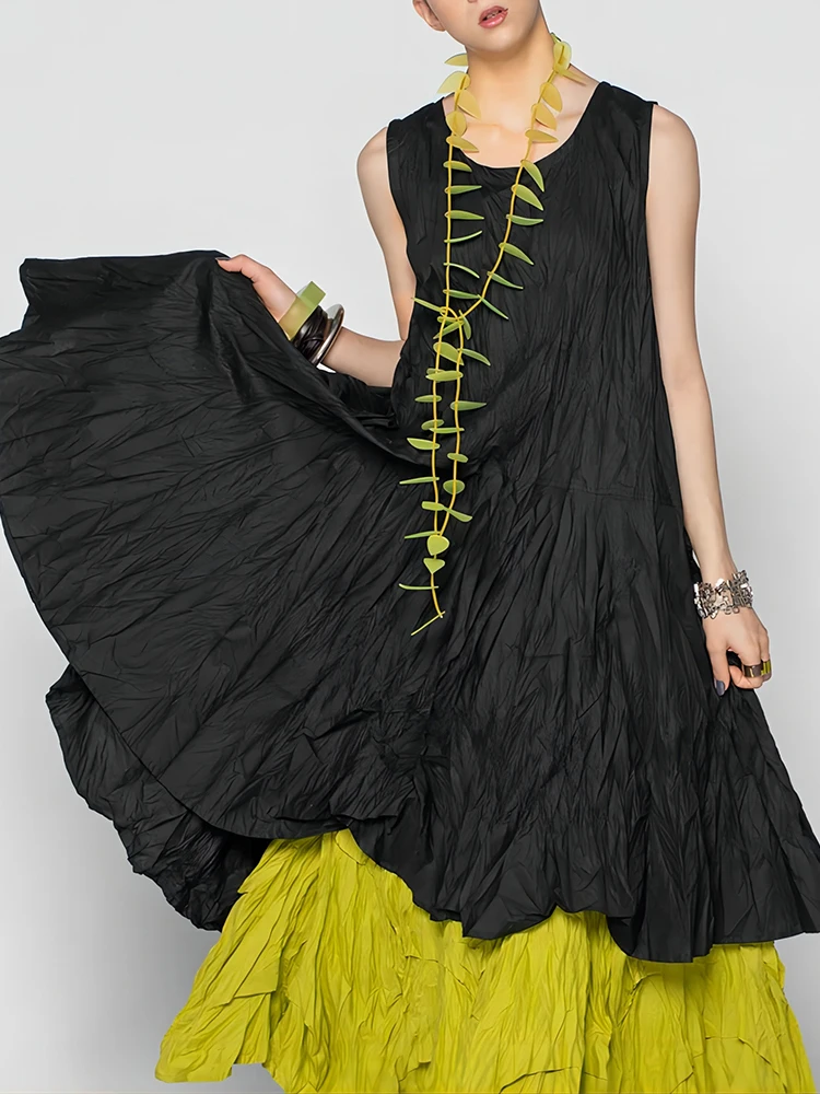 Women Retro Summer Cake Dress Casual Round Neck Sleeveless Fake Two Pieces Gathered Indie Folk Patchwork Loose Maxi Dress