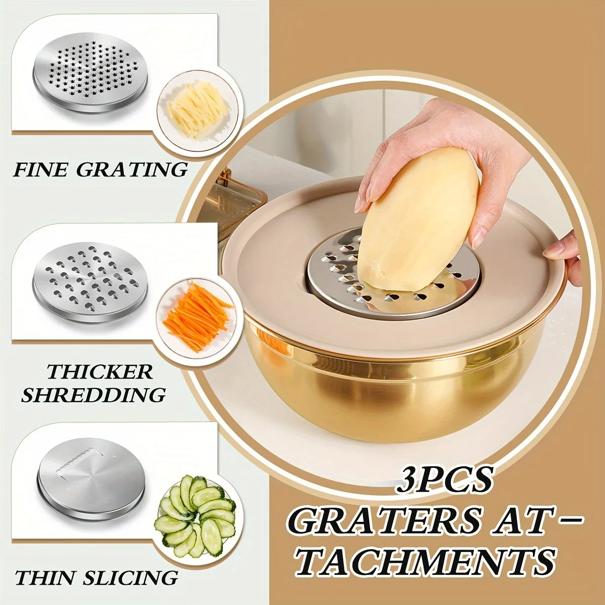 Set mangkuk pencampur baja tahan karat emas 10 buah dengan penutup dan rautan - cocok untuk memanggang, memasak, salad |   pembersihan mesin pencuci piring