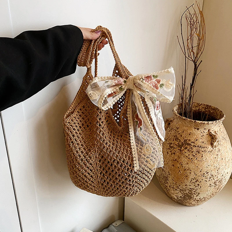 Sommer Strand Tasche Mesh Frauen Gewebte Spitze Bogen Schulter Handtasche Große Kapazität Kupplung Geldbörse Einfarbig Einkaufen Urlaub Reisen