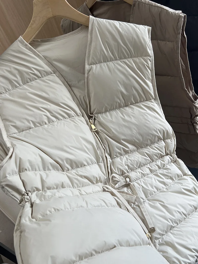 الخريف الشتاء الرباط خفيفة الوزن أسفل سترة الإناث الخامس الرقبة عادية مبطن سستة الصدريات النساء الأبيض بطة أسفل سترات فضفاضة