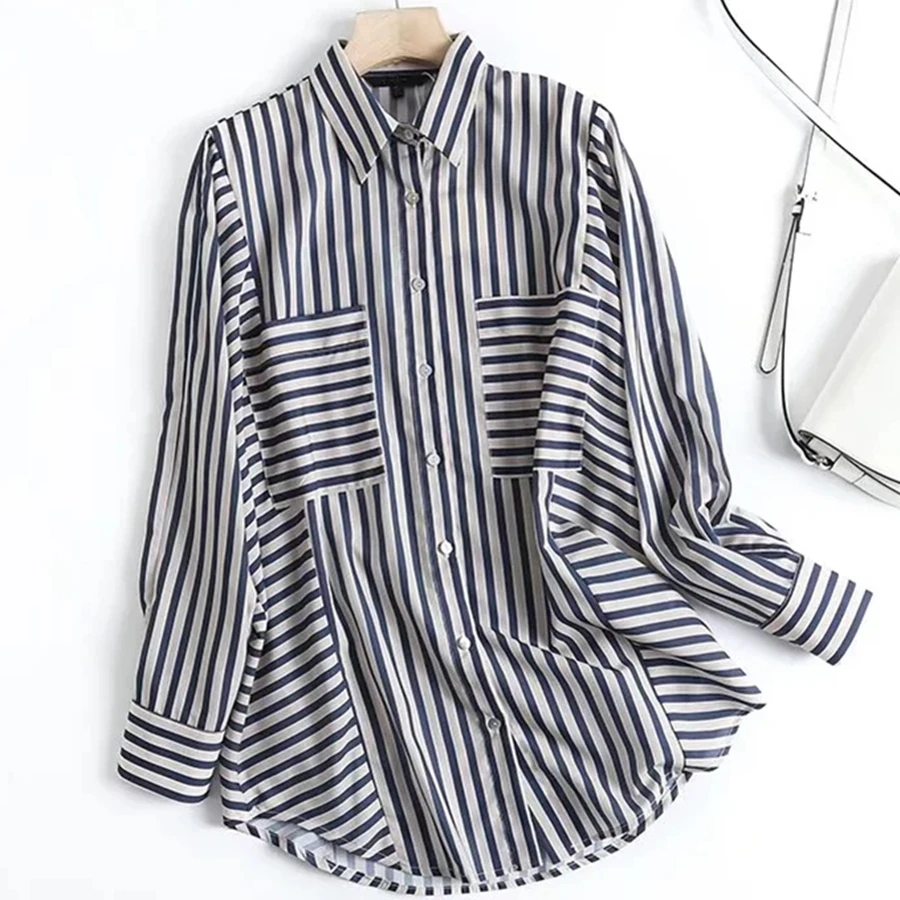 

Jenny&Dave England Style High Street Vintage Striped Pockets Boyfriend Loose Shirt Women Fashion Blouse Asymmetry Casual