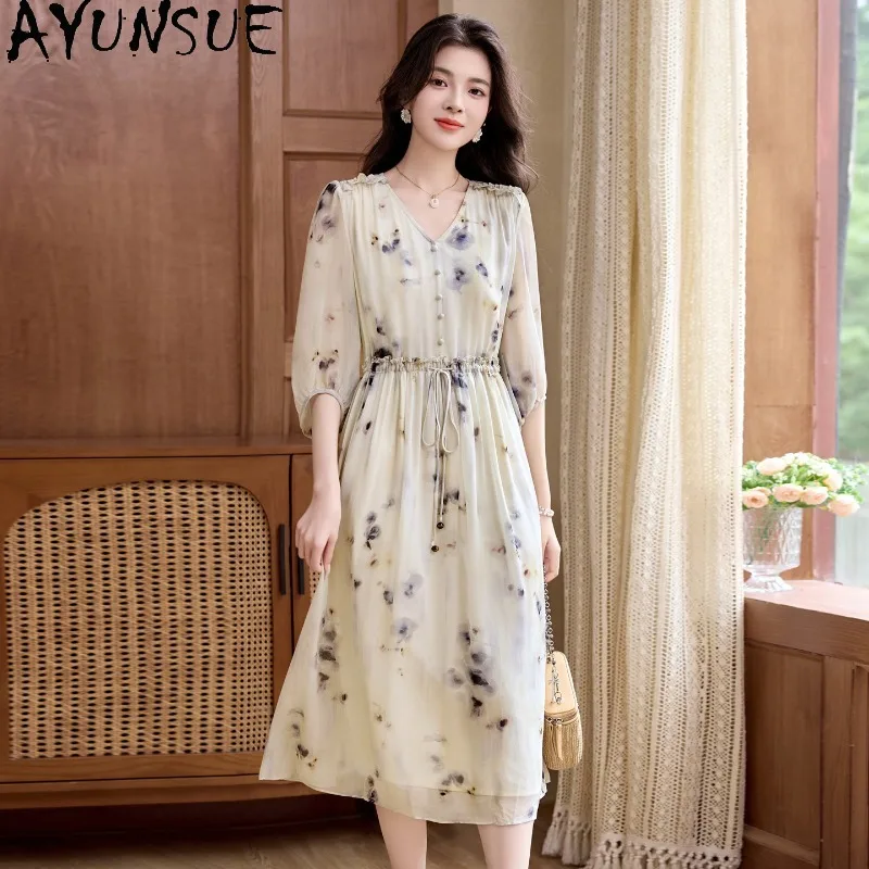 AYUNSUE Real Silk Dresses for Women French Elegant Dress 2026 Woman V-neck Summer Dresses High Quality Woman Clothes Ropa Mujer