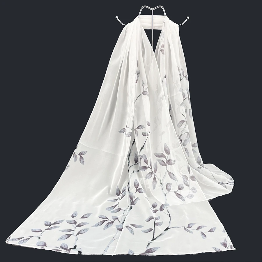 Leaf Print Silk-like Chiffon Scarf Shawl Lightweight Sheer Sarong, Versatile for Tablecloth Curtain Travel Beach Cover Up view 5