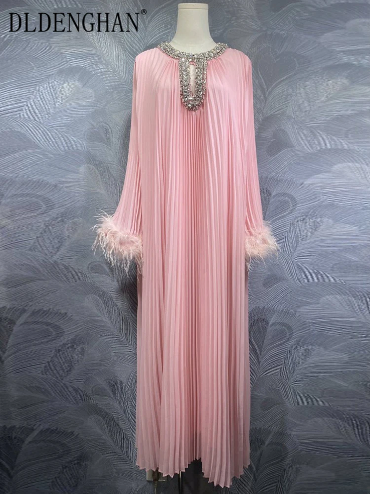 

DLDENGHAN Solid Color Pleated Loose Long Dress For Women Diamonds O-Neck Feathers Long Sleeves Vintage Dresses Fashion Female
