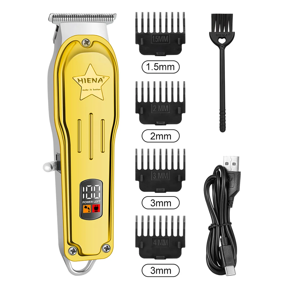 HIENA Gold Cordless Hair Trimmer for Men LED Display Barber Clipper with 1.5/2/3/4mm Guide Combs USB-C Rechargeable