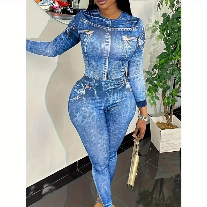 

Casual Printed Stitching Round Neck Long Sleeve Two Piece Suit