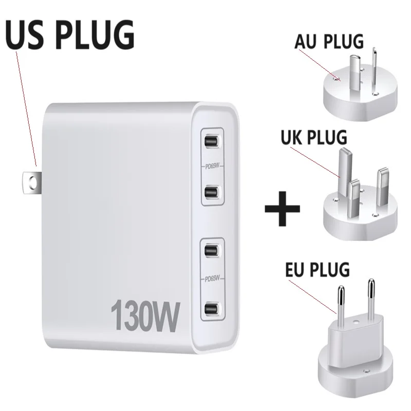 

130W 4Port PD 3.0 GaN Wall Charger USB Type C PD 65W Replaceable Plugs Charger Charging Adapter For Pad iPhone Laptop Notebook