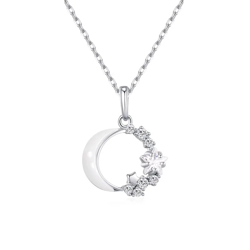 

925 Sterling Silver Stars and Moon Pendant Necklace AAA CZ Clavicle Chain For Women Birthday Gift Jewelry