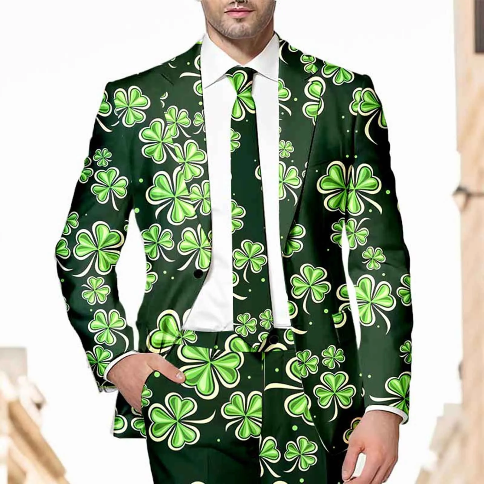 St. Patrick's Day Mens St. Patrick's Day Festive Style All Over Printed Four Leaf Jacket Graphic Green Carnival Festival