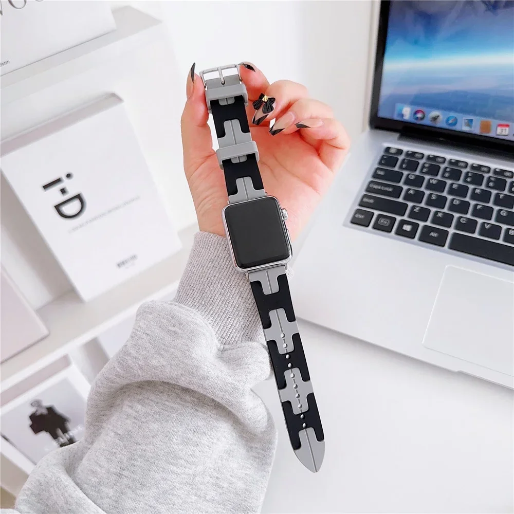 New Fashion Contract Color "H" Rubber Watch Strap for Apple Watch Ultra 2 / 1 (49mm) S9 45mm 44mm 41mm 40mm 42mm Soft Watch Band