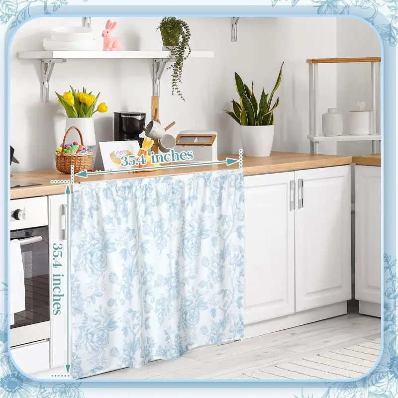VIKAMA Blue Floral Rose Rod Pocket Under Sink Skirt Cabinet Curtain Farmhouse Kitchen Sink Decor Cover - view 5