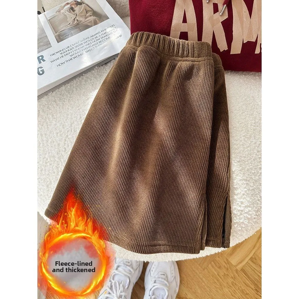 Women's Corduroy Sweatshirt Thickened Fleece Half-length Skirt Bell Bottoms Autumn Winter Fashion High Waist A-line Skirt