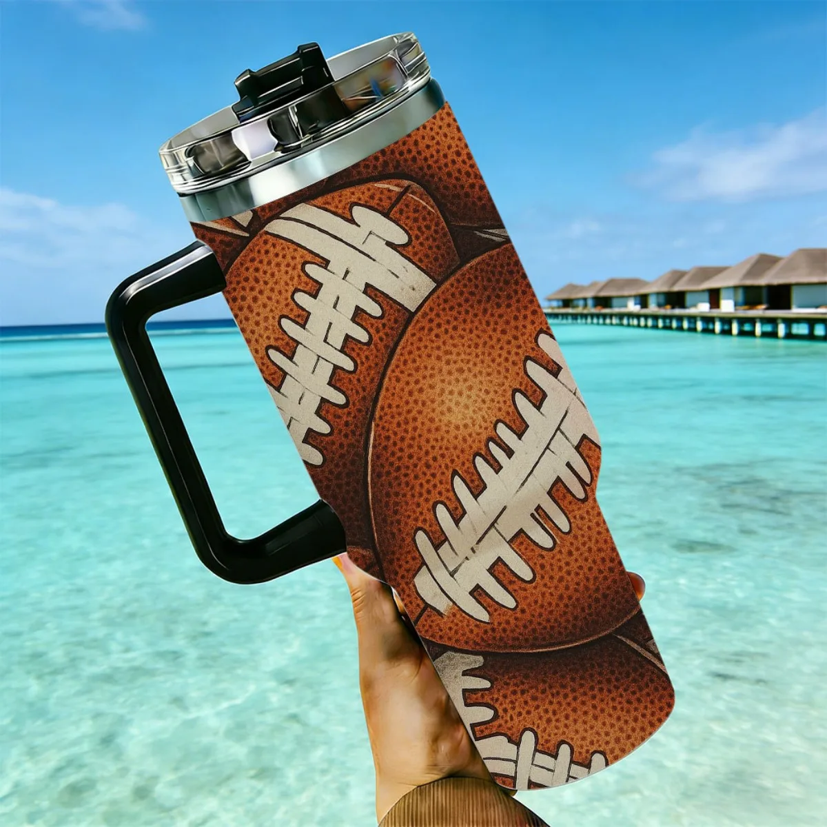 40oz Vintage American Football Leather Texture Repeat Print Stainless Steel Tumbler With Handle Straw Lid 24 Hours Cold Insulated Travel Water Cup