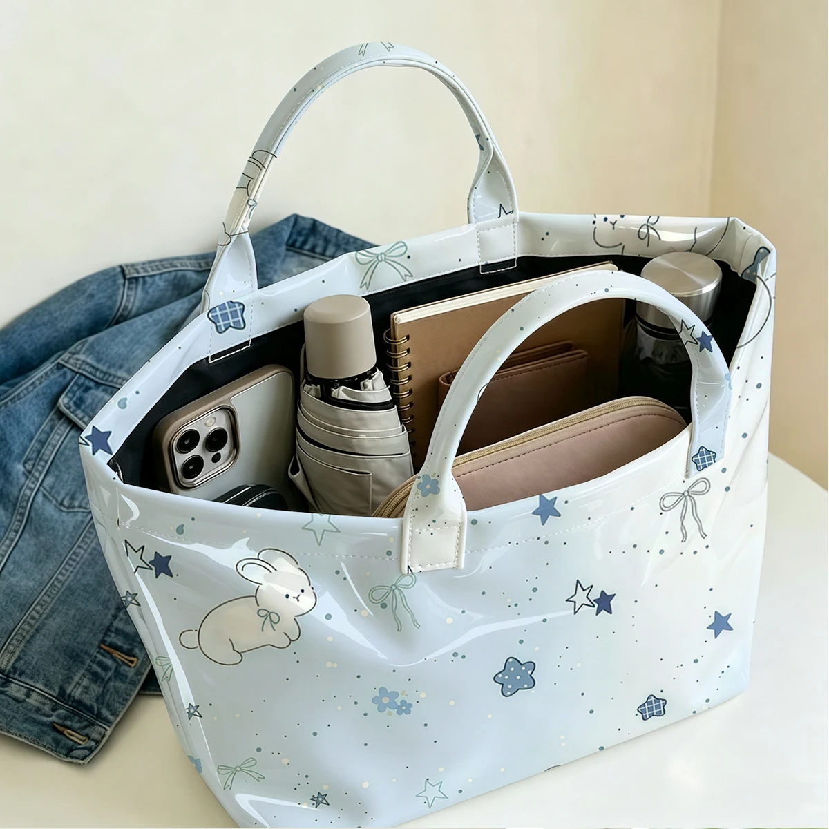Bunny Dreams Large PVC Waterproof Capacity Canvas Shoulder Bag Dual Side Print Tote Bag Daily Shopping Bag Fashion Handbag