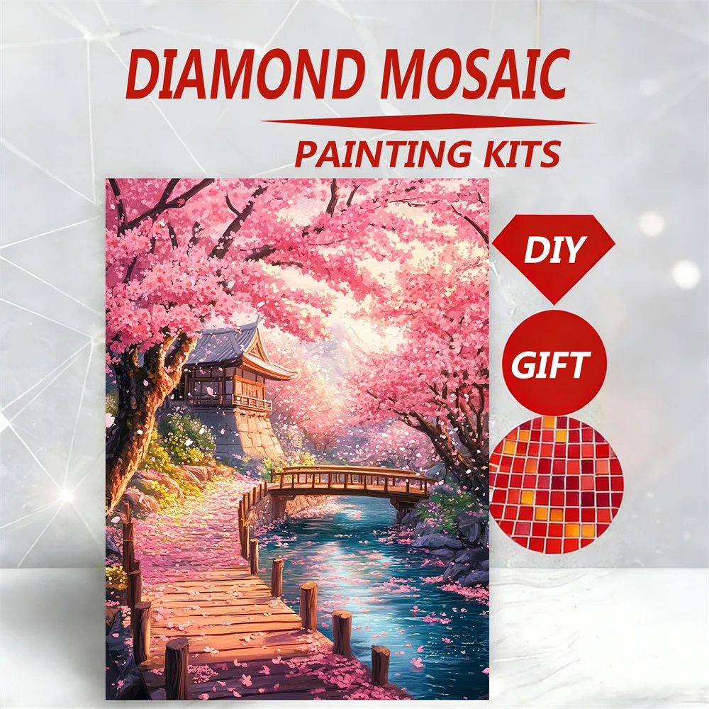 AZQSD 5d Diamond Mosaic New 2026 Nature Landscape Painting Square Round Drill Art Complete Kit Cherry Blossom Gift Wall Decor