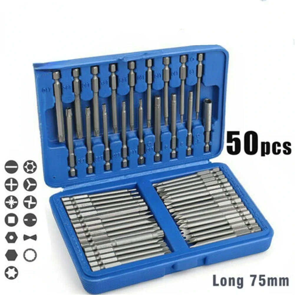 

50pcs Extra Long Security Drill Bits Portable Hex Torx Star Flat Screwdriver Bit Set With Sturdy Box