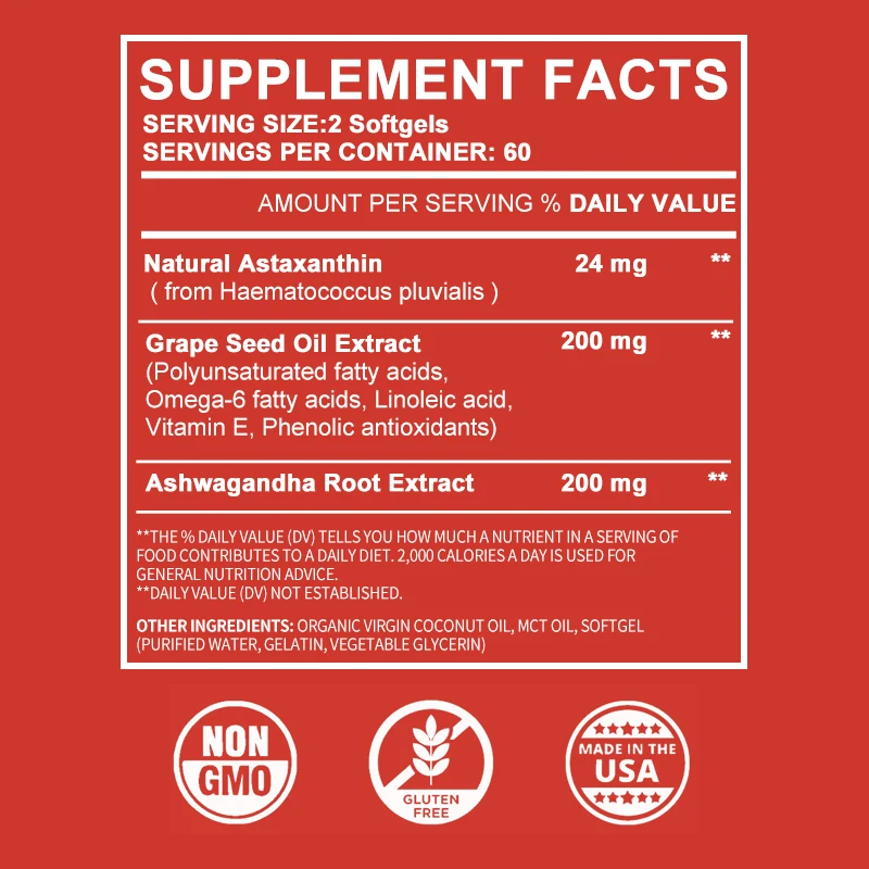 Supplément d'axanthine cosy avec huile de raisin E1, extrait d'Ashwagandha, huile AMP biologique et huile MCT pour la santé articulaire et l'immunité