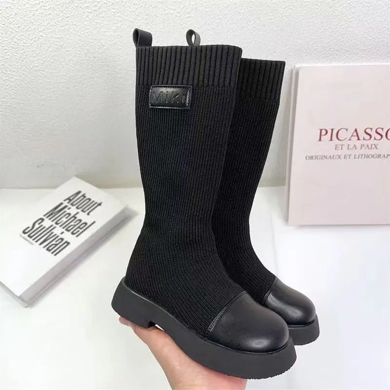 

2025 Autumn Children Long/short Boots Round Toes Soft Sole Kids Fashion Boots Black Trendy Girls Weave Boots Non-slip Versatile