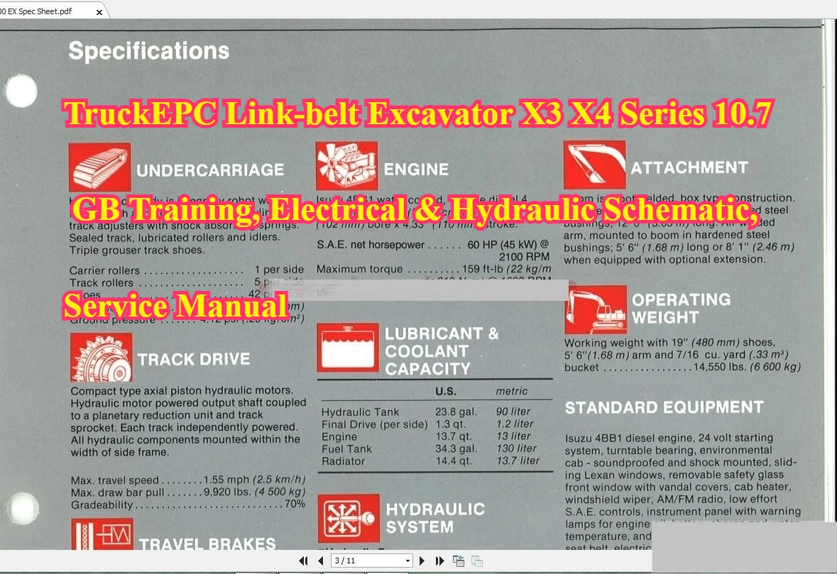 

TruckEPC Link-belt Excavator X3 X4 Series 10.7 GB Training, Electrical & Hydraulic Schematic, Service Manual