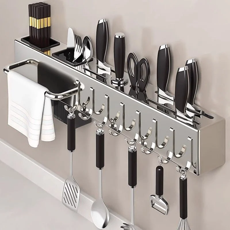 

Stainless Steel Kitchen Knife Holder Wall Mounted No Drilling Multi-Function Chopsticks And Kitchen Knife Storage Rack