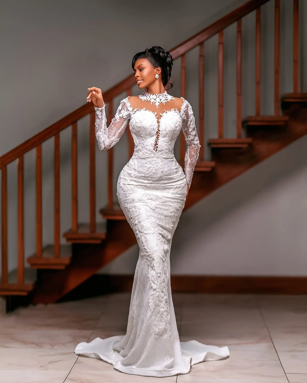 Robe De mariée sirène africaine personnalisée, col haut, avec des Appliques en dentelle, manches longues, Vintage