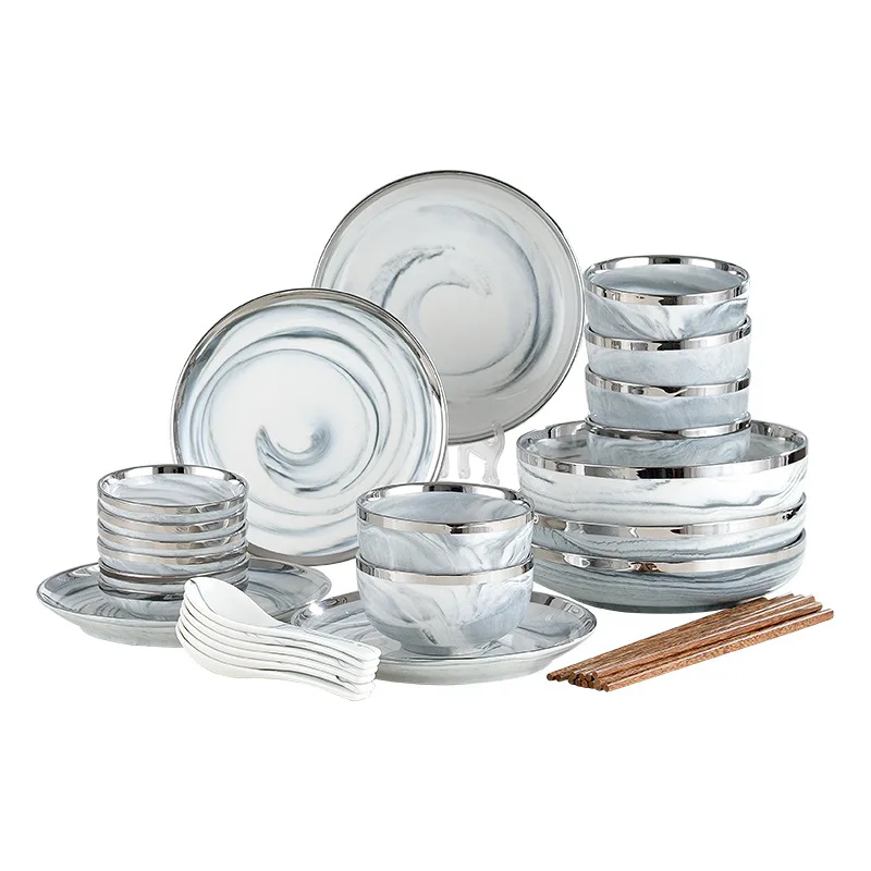 Marble Ceramic Plates With Silver Rim Steak Serving Tray Bowls Ins Dinner Dish Porcelain Dinnerware Set For Family Hotel